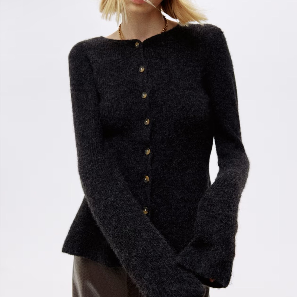 Black Button-Front Fuzzy Crewneck Sweater